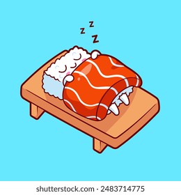 Sushi Salmon Sleeping On Table Cartoon Vector Icon Illustration. Food Object Icon Concept Isolated Premium Vector. Flat Cartoon Style