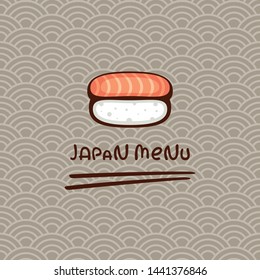 Sushi with salmon vector illustration. Template for sushi bar logo. Japanese food on traditional ornament. Menu design.