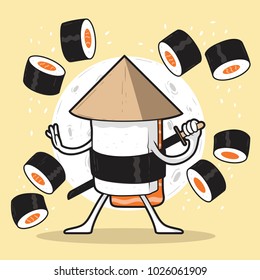 Sushi samurai character vector illustration. Asian food, Samurai design concept