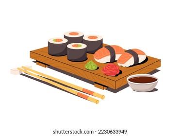 Sushi and sashimi composition. Asian food sushi on wooden board with sushi chopsticks, ginger, soy sauce and wasabi. Sushi vector illustration with trout fish, salmon in trendy minimalism style.