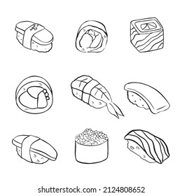 Sushi and sashimi doodle vector set. Delicious hearty rolls are collected for decoration and infographics, to illustrate food products. Rice, salmon, tuna, avocado, tobiko, nori