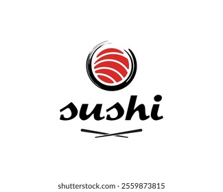 Sushi Sashimi Food Traditional Japanese Restaurant Zen Circle Brush Stroke Vector Logo Design Illustration