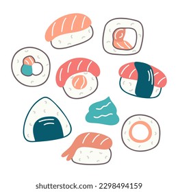 Sushi and sashimi hand drawn set. Cute stylized sushi with tuna, shrimp and salmon collection. Japanese food with seafood and rice, isolated vector illustration