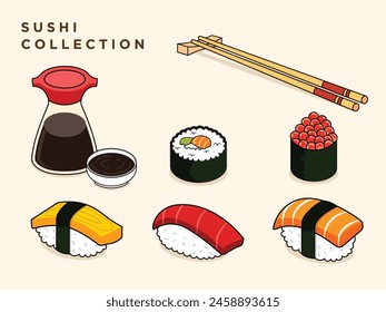 Sushi, sashimi illustration, cartoon style, with chopsticks, soy sauce. salmon, tuna, egg roll, Gunkan Maki, Oshizushi. Vector illustration. 2D flat design. Japanese Food