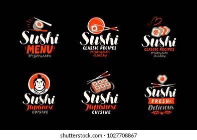 Sushi, sashimi, japanese cuisine logo or label. Set of elements for restaurant menu design. Vector illustration