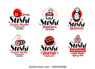 Sushi, Sashimi Logo Or Label Set. Japanese Cuisine, Fast Food Typography. Lettering Vector Illustration