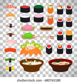 Sushi and sashimi, noodle and miso icons isolated on transparent background. Vector illustration