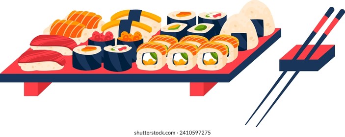 Plata de sushi y sashimi con palillos en el lateral, concepto de cocina japonesa, sushi colorido. Comida asiática, conjunto de sushi ilustra vectorial.