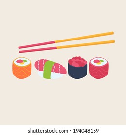 Sushi and sashimi seafood cuisine with different sushi rolls with rice, nori and seafood and raw fish fillet sashimi served with chopsticks with copyspace below, vector design