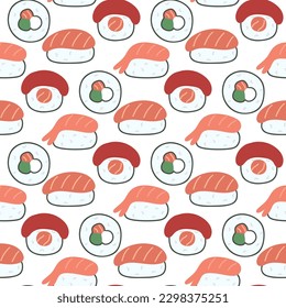 Sushi and sashimi seamless pattern. Traditional Japanese food background. Seafood print for packaging, digital paper and design, vector illustration