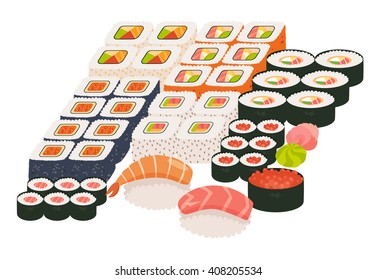 Sushi and sashimi set. Shrimp sushi, Japanese, asian restaurant food, cartoon style. Vector illustration isolated on white background, flat
