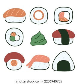 Sushi and sashimi set simple illustration. Asian food vector. Dish traditional japanese cuisine rice with fish and seafood in seaweed