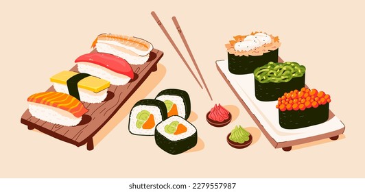 Sushi, Sashimi set. Traditional Japanese cuisine. Asian food. Vector illustration