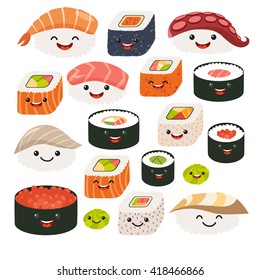 Sushi and sashimi set. Vector illustration isolated on white background, flat