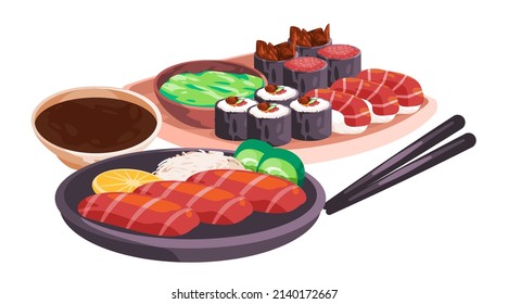 Sushi sashimi tunasalmon set traditional Japanese asian food vector drawing illustration