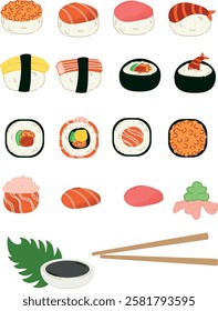 Sushi and sashimi vector illustration collection. Japanese cuisine isolated element set. For logo, menu, decoration and other purpose 