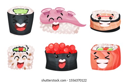 Sushi and Sashimi Vector Set. Traditional Japanese Food Collection