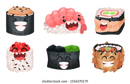 Sushi and Sashimi Vector Set. Traditional Japanese Food Collection