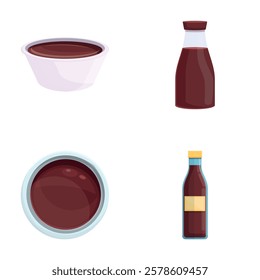 Sushi sauce icons set cartoon vector. Soy sauce in glass bottle and bowl. Liquid seasoning