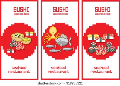 Sushi and sea food banner set. Old school computer graphic style.