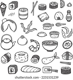 Sushi Seafood Hand Drawn Illustrated Doodle Vector Set	