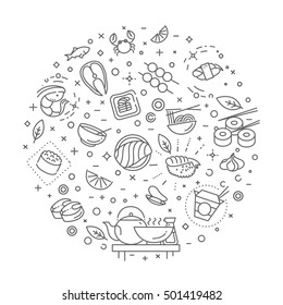 Sushi, seafood outline symbols. Vector illustration