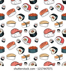 Sushi seamless background - Japanese food, sushi and rolls. Doodle illustrations for creation of various designs of the menu, banners etc.