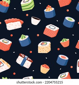 Sushi seamless decorative pattern design, flat cartoon vector illustration on dark background. Japanese sushi and sashimi food in repeatable seamless backdrop.