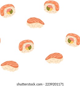 Sushi seamless pattern. Asian food background. Perfect for restaurant cafe and print menus. Vector hand draw cartoon illustration. 