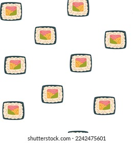 Sushi seamless pattern. Asian food background. Perfect for restaurant cafe and print menus. Vector hand draw cartoon illustration. 