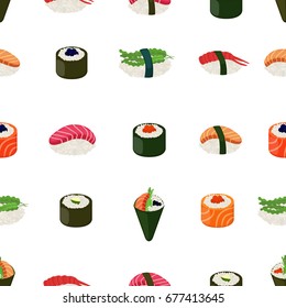 Sushi seamless pattern - asian food with fish, rice, seaweed, caviar. Made in cartoon flat style. Vector illustration