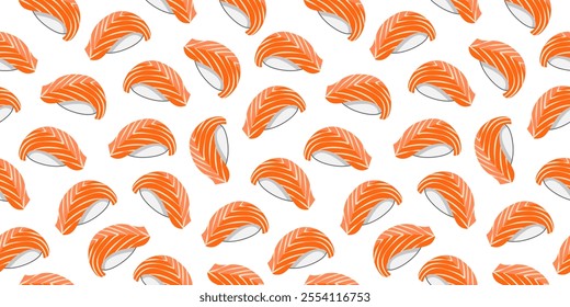 Sushi seamless pattern background. Salmon nigiri sushi Japanese food motif wallpaper. Vector illustration