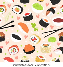 Patrón sin fisuras de sushi. Salmón de caricatura y rollitos de verduras. La comida japonesa sabrosa, la cocina asiática impresa en tela. Fondo vectorial decente en la cocina