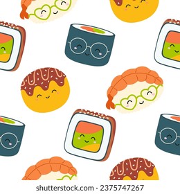 sushi seamless pattern, cartoon style, cute japanese food character, colorful vector wallpaper
