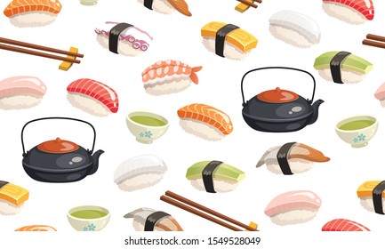 sushi seamless pattern. Colorful pattern with different nigiri sushi, tea and chopsticks.