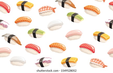 
Sushi seamless pattern. Colorful pattern with different nigiri sushi.
