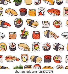  Sushi seamless pattern. Colorful illustration with different types of sushi and rolls. Asian motif.