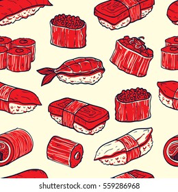Sushi seamless pattern. Colorful illustration with different types of sushi and rolls. Japanese Food. vector illustration for print