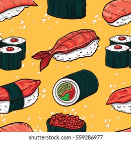 Sushi seamless pattern. Colorful illustration with different types of sushi and rolls. Japanese Food. vector illustration for print