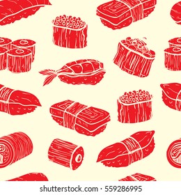 Sushi seamless pattern. Colorful illustration with different types of sushi and rolls. Japanese Food. vector illustration for print