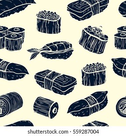 Sushi seamless pattern. Colorful illustration with different types of sushi and rolls. Japanese Food. vector illustration for print