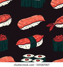 Sushi seamless pattern. Colorful illustration with different types of sushi and rolls. Japanese Food. vector illustration for print