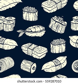 Sushi seamless pattern. Colorful illustration with different types of sushi and rolls. Japanese Food. vector illustration for print