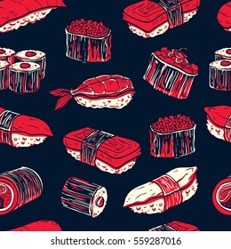 Sushi seamless pattern. Colorful illustration with different types of sushi and rolls. Japanese Food. vector illustration for print