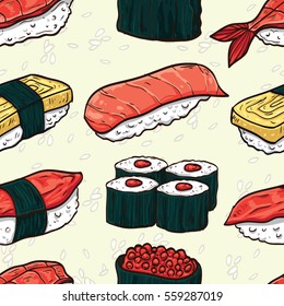 Sushi seamless pattern. Colorful illustration with different types of sushi and rolls. Japanese Food. vector illustration for print