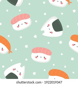 Patrón sin soldadura de sushi, Ilustración de caracteres sushi cut y kawaii, fondo vectorial de Onigiri y Nigiri