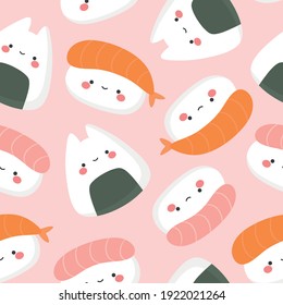 Sushi Seamless Pattern, Cute and Kawaii Sushi Character Illustration, Onigiri and Nigiri vector background