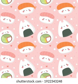 Patrón sin soldadura de sushi, Ilustración de caracteres sushi cut y kawaii, fondo vectorial de Onigiri y Nigiri