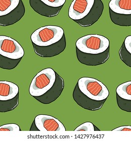 Sushi seamless pattern, hand drawn. Emblem of japanese food, fish snack, susi, exotic restaurant, sea food delivery. Vector illustration.