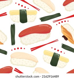 Sushi seamless pattern isolated on white background. Vector illustration.